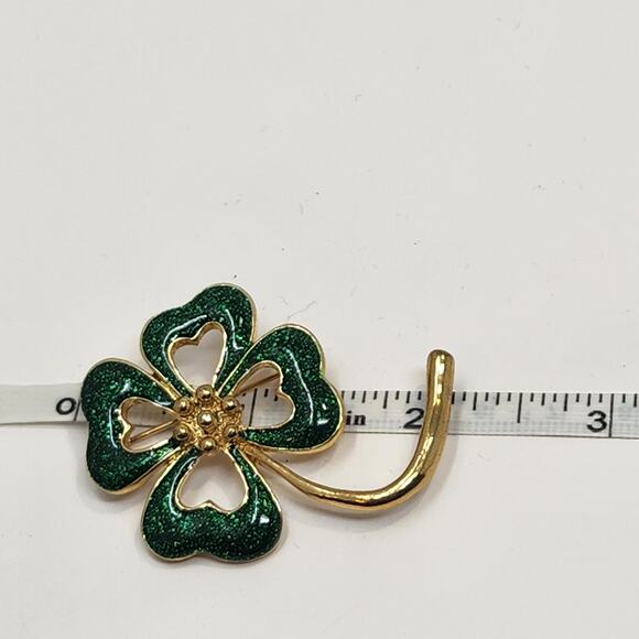 Four Leaf Clover Green Sparkle Enamel Brooch Pin Lucky St Patricks Day Shamrock - Picture 5 of 5